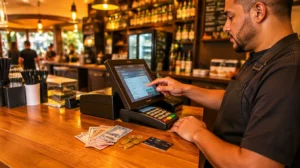 Atendente conferindo fechamento de caixa com dinheiro, cartão e Pix em bar