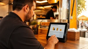 Gestor conferindo relatório de vendas na maquininha de um food truck